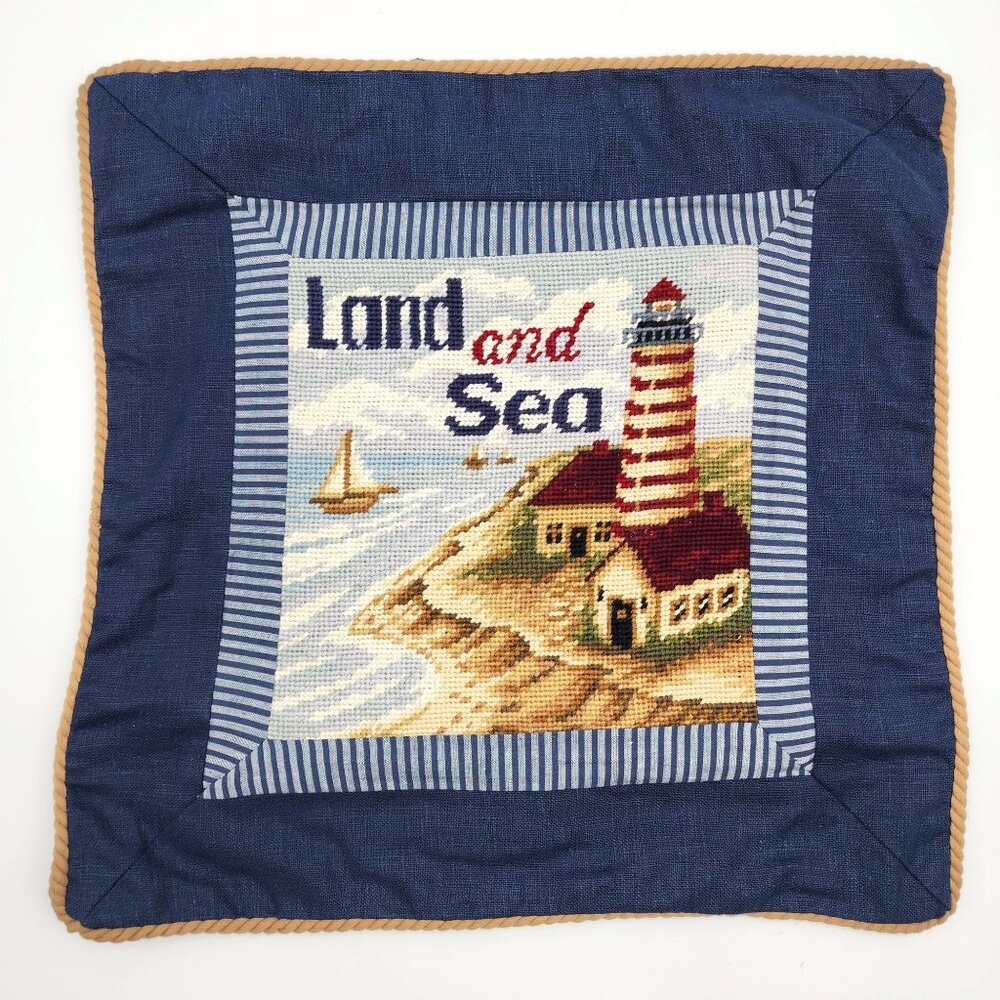 NWT Lighthouse Coastal Nautical Needlepoint Decorative Pillow Cover 17"x17" in.
